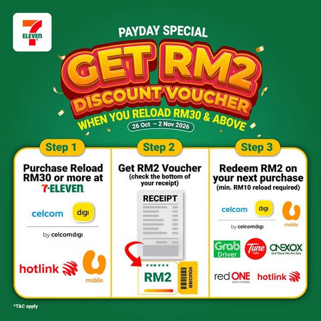7-Eleven-Malaysia-Payday-Promotion-–-Enjoy-Reload-Vouchers-1-1 26 October–2 November 2026: 7-Eleven Malaysia Payday Promotion – Enjoy Reload Vouchers, Razer Gold Discounts and GDex Courier Envelope Deals
