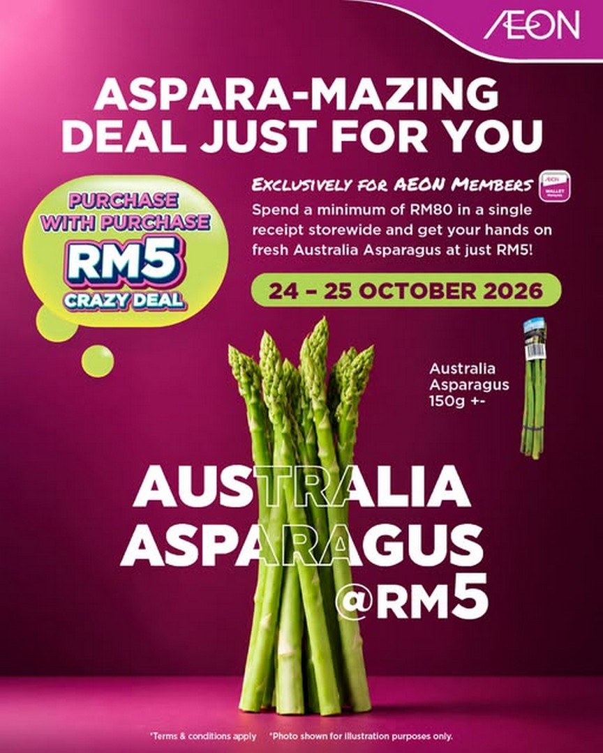AEON-Malaysia-Fresh-Australian-Asparagus-at-RM5 24-25 October 2026: AEON Malaysia: Fresh Australian Asparagus at RM5 with Exclusive AEON Wallet Member Promotion, Minimum RM80 Single Receipt Spend, While Stocks Last