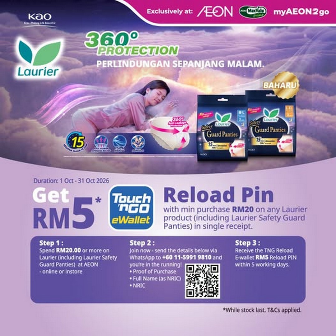 AEON-Malaysia-Get-RM5-Touch-n-Go-eWallet-Reload-Pin-When 1-31 October 2026: AEON Malaysia: Get RM5 Touch 'n Go eWallet Reload Pin When You Spend RM20 on Laurier Products, Including Safety Guard Panties