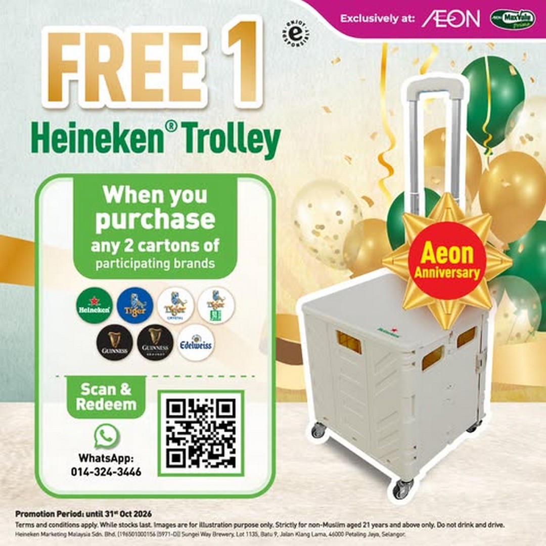 AEON-Malaysia-Heineken-Promotion-–-Get-a-FREE-Heineken-Trolley Now Till 31 October 2026: AEON Malaysia Heineken Promotion – Get a FREE Heineken Trolley When You Buy Any 2 Cartons of Participating Heineken Malaysia Brands at AEON & AEON MaxValu Prime