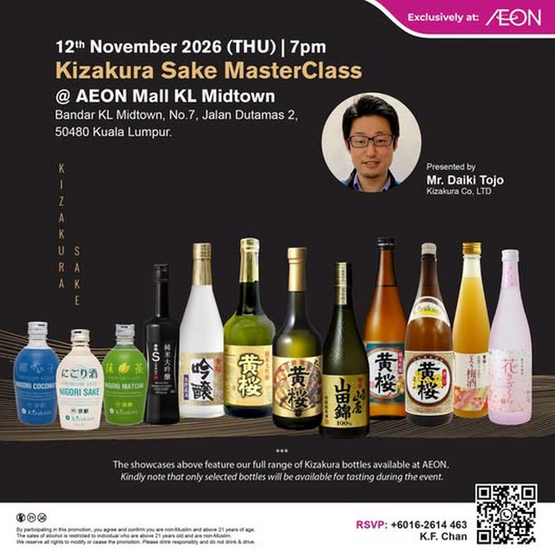 AEON-Malaysia-Kizakura-Sake-MasterClass-Promotion 12 November 2026: AEON Malaysia Kizakura Sake MasterClass Promotion – Exclusive Japanese Sake Appreciation & Tasting Event at AEON Mall KL Midtown, 7PM