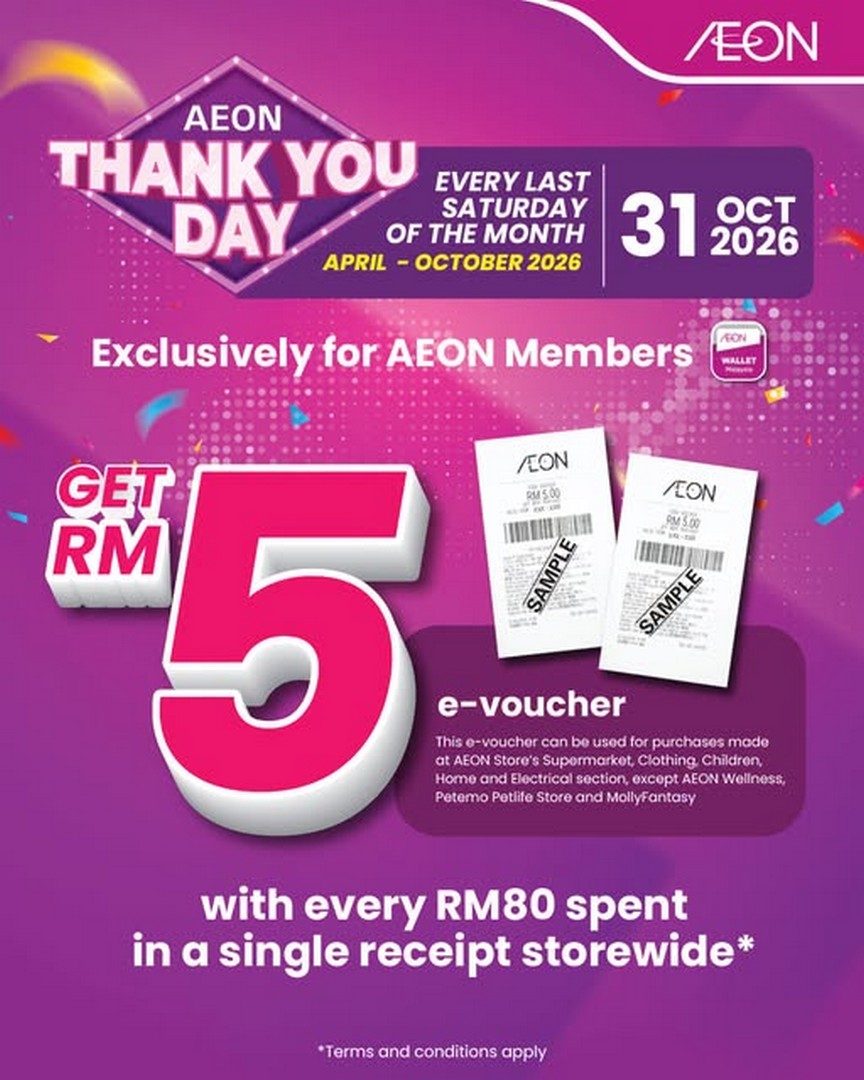AEON-Malaysia-Thank-You-Day-Promotion 31 October 2026: AEON Malaysia Thank You Day Promotion – Spend RM80 and Get a RM5 E-Voucher via AEON Wallet Malaysia, Available Storewide