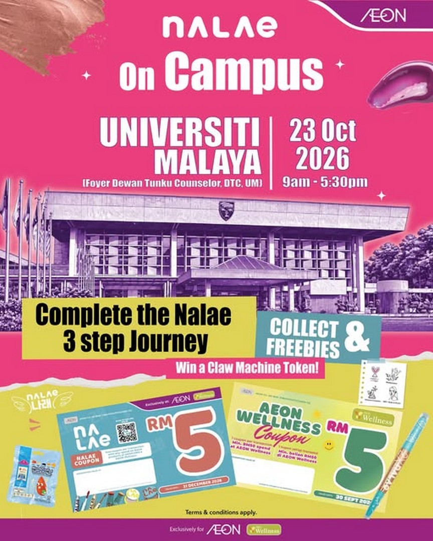 AEON-Wellness-Malaysia-Nalae-On-Campus-Korean-Cosmetics-Promotion 23 October 2026: AEON Wellness Malaysia: Nalae On Campus Korean Cosmetics Promotion at Universiti Malaya – Get Freebies, RM5 Coupons and Claw Machine Rewards from 9am to 5:30pm