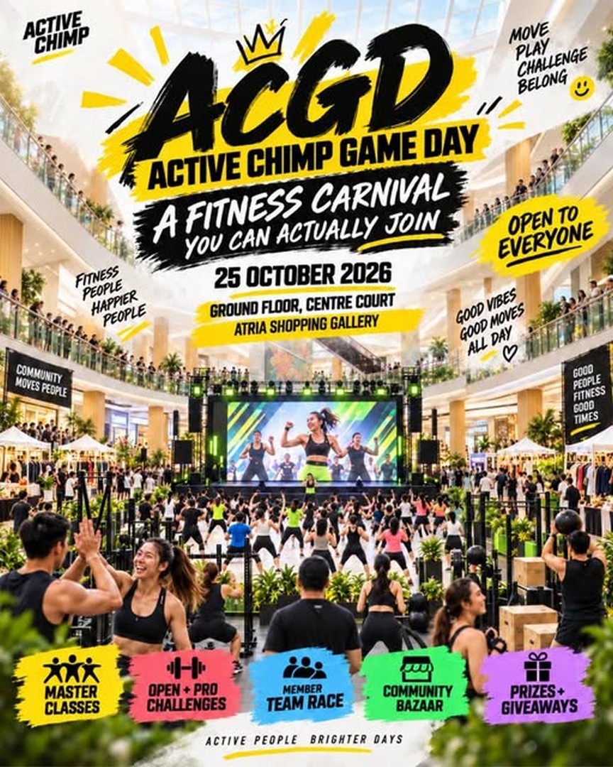 Active-Chimp-Active-Chimp-Game-Day-2026-Fitness-Carnival 25 October 2026: Active Chimp: Active Chimp Game Day 2026 Fitness Carnival, Master Classes, Open and Pro Challenges, Member Race Day, Community Bazaar, Prizes and Giveaways at Atria Shopping Gallery