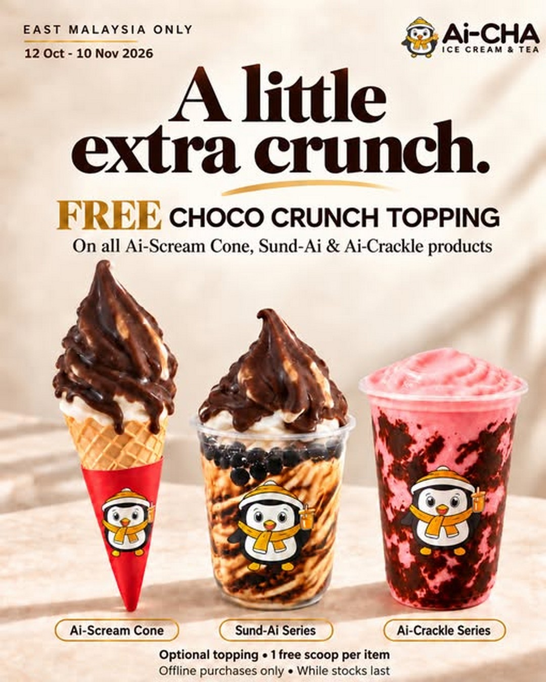 Ai-CHA-Malaysia-Free-Choco-Crunch-Topping-Promotion 12 October-10 November 2026: Ai-CHA Malaysia: Free Choco Crunch Topping Promotion on Selected Ice Cream and Dessert Treats at East Malaysia Outlets Only