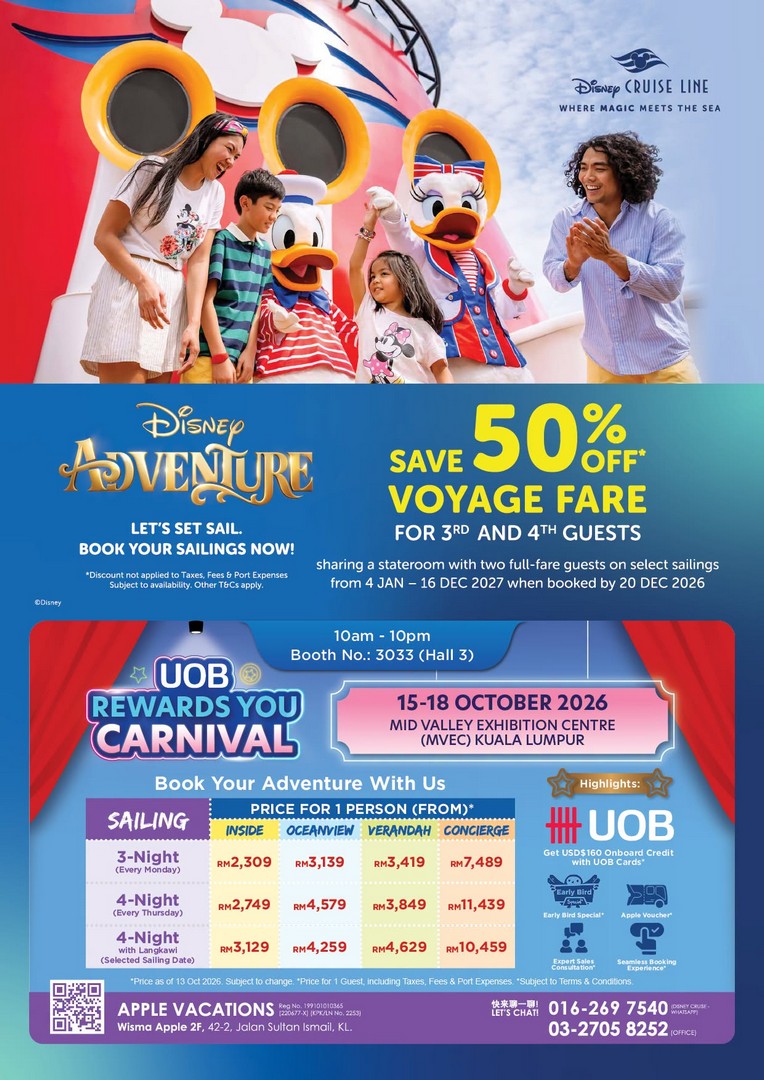 Apple-Vacations-Disney-Adventure-Cruise-Promotion 15-18 October 2026: Apple Vacations: Disney Adventure Cruise Promotion with Up to 50% Off Third and Fourth Guest Fares, Up to 20% Off Selected Sailings and Exclusive Booking Perks at UOB Rewards You Carnival Kuala Lumpur