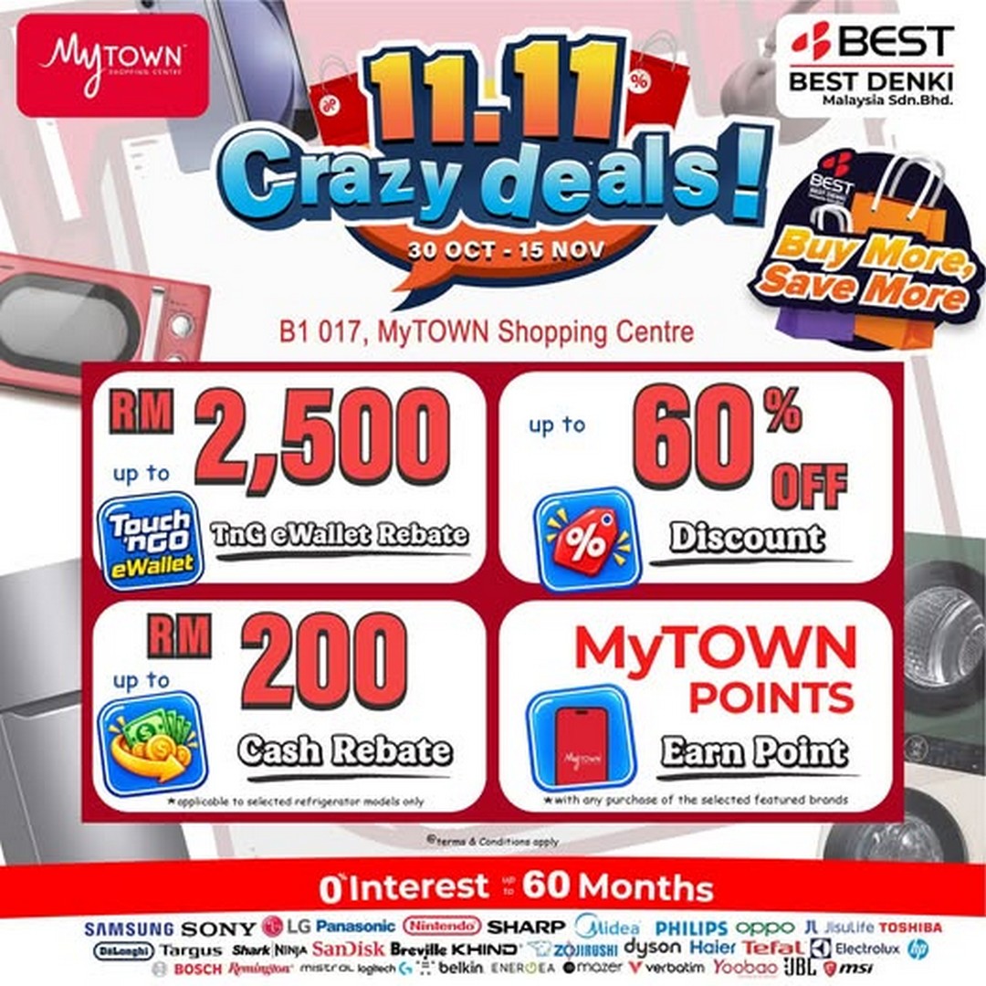 BEST-DENKI-Malaysia-11.11-Crazy-Deals-Sale 30 October-15 November 2026: BEST DENKI Malaysia 11.11 Crazy Deals Sale at MyTOWN Shopping Centre – Up to 60% Off, RM2,500 TnG eWallet Rebate & More