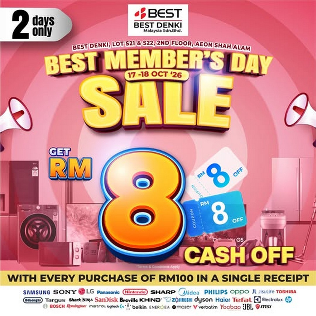 BEST-DENKI-Malaysia-Best-Members-Day-Sale 17-18 October 2026: BEST DENKI Malaysia: Best Member’s Day Sale – Enjoy RM8 Cash Off for Every RM100 Spent on Electronics and Home Appliances at AEON Shah Alam