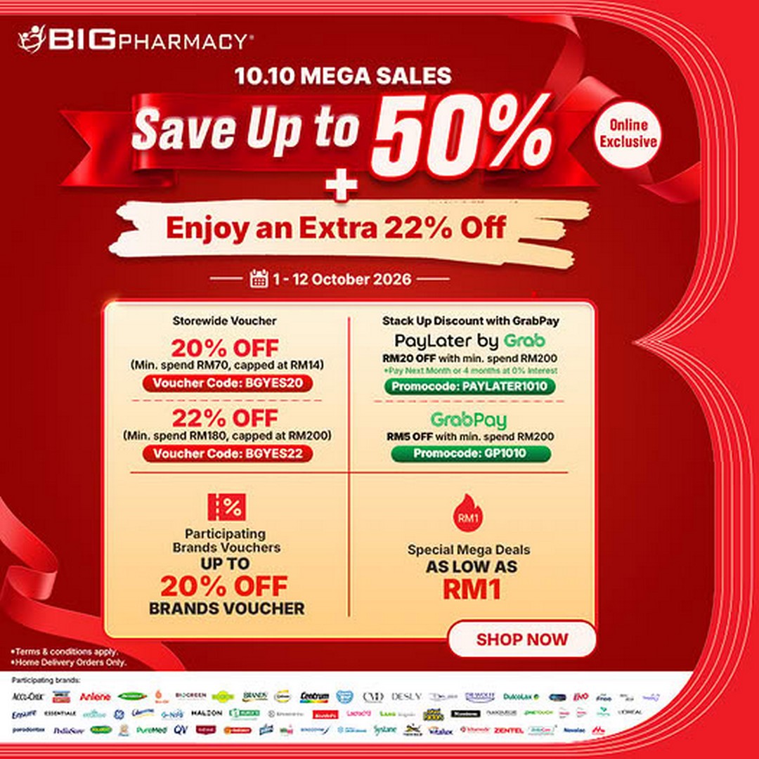 BIG-Pharmacy-10.10-Mega-Sale-–-Save-Up-to-50-Online 1-12 October 2026: BIG Pharmacy: 10.10 Mega Sale – Save Up to 50% Online with Extra 22% Off, RM1 Deals and GrabPay Savings