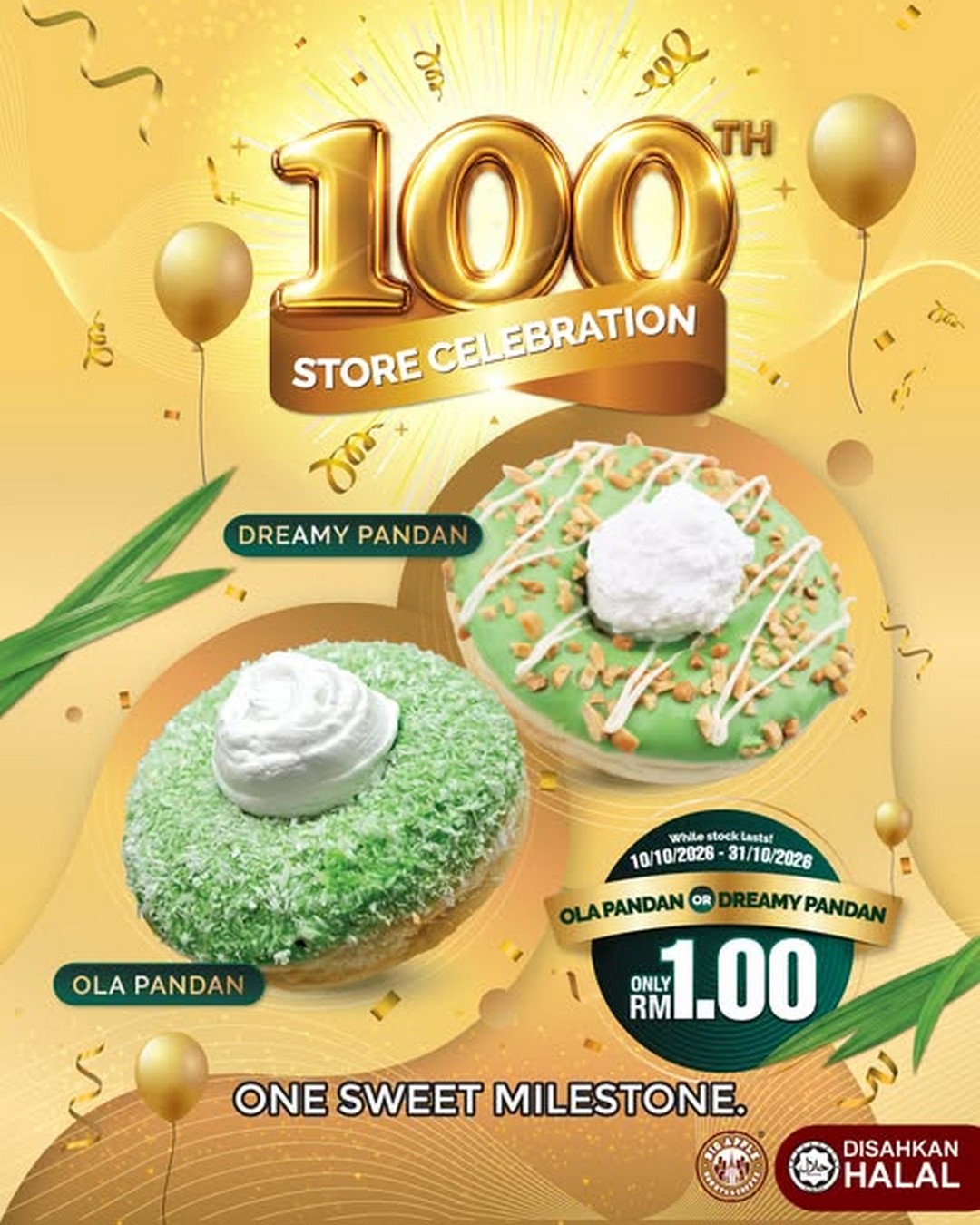 Big-Apple-Donuts-Coffee-Malaysia-100th-Store-Celebration-Promotion 10-31 October 2026: Big Apple Donuts & Coffee Malaysia: 100th Store Celebration Promotion – Ola Pandan and Dreamy Pandan Donuts for Only RM1.00, While Stocks Last