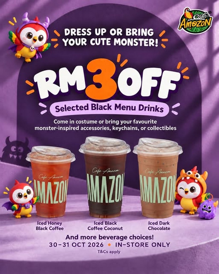 Cafe-Amazon-Malaysia-Halloween-Promotion 30–31 October 2026: Café Amazon Malaysia Halloween Promotion – Enjoy RM3 OFF Selected Black Menu Drinks In-Store with Spooky Costumes and Accessories