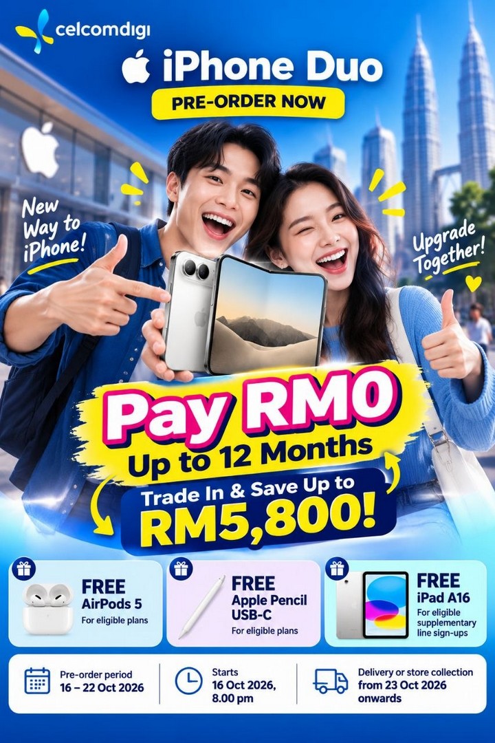 CelcomDigi-iPhone-Duo-Pre-Order-Promotion-–-RM0-Upfront-with-Easy360-1 16–22 October 2026: CelcomDigi iPhone Duo Pre-Order Promotion – RM0 Upfront with Easy360, Up to RM5,800 Trade-In Savings, Free Apple Gifts and RM600 Port-In Rebates
