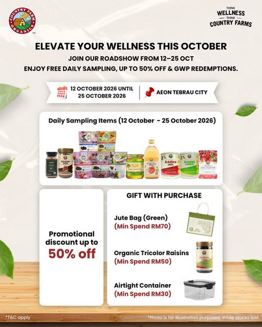 Country-Farms-Organics-Up-to-50-OFF-Free-Daily-Sampling-and-Gift 12-25 October 2026: Country Farms Organics: Up to 50% OFF, Free Daily Sampling and Gifts at AEON Tebrau City Roadshow in Malaysia