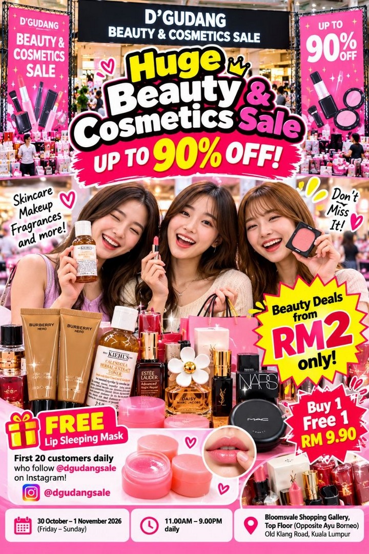 DGudang-Sale-Beauty-Cosmetics-Promotion-1 30 October–1 November 2026: D'Gudang Sale, Beauty & Cosmetics Promotion at Bloomsvale Shopping Gallery – Up to 90% OFF, Beauty Deals from RM2, Buy 1 Free 1 at RM9.90, 11AM–9PM