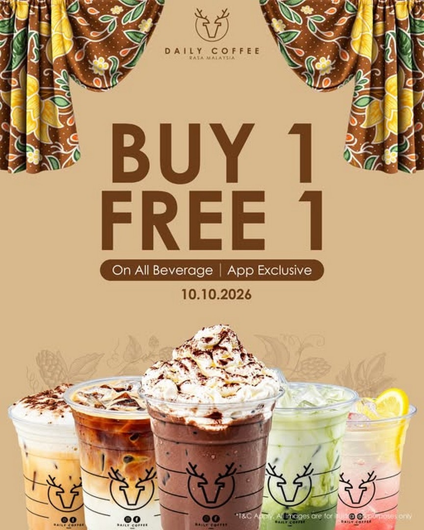 Daily-Coffee-Malaysia-10.10-Buy-1-Free-1-All-Beverages-Promotion 10 October 2026: Daily Coffee Malaysia: 10.10 Buy 1 Free 1 All Beverages Promotion at Selected Outlets via Daily Coffee Malaysia App