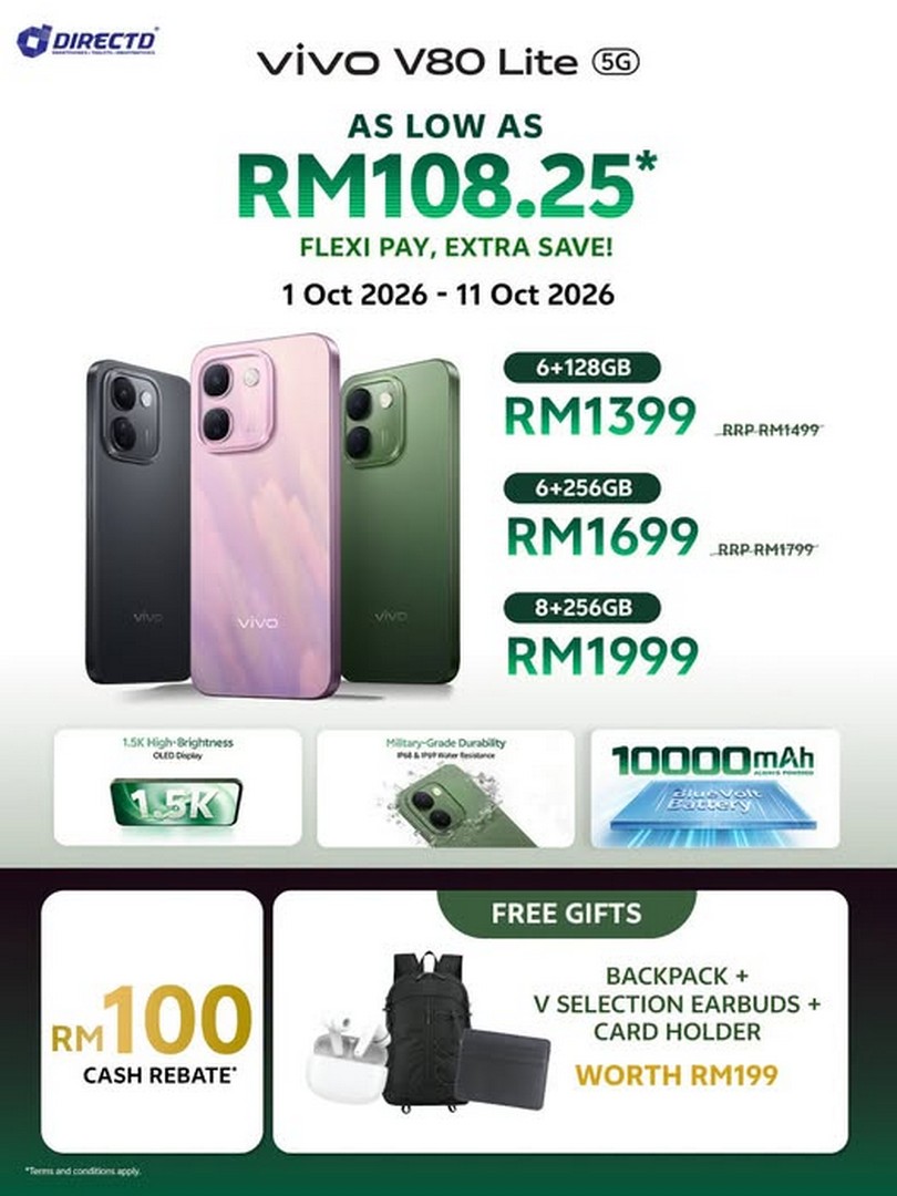 DirectD-vivo-V80-Lite-5G-Promotion-with-RM100-Cash-Rebate 1-11 October 2026: DirectD: vivo V80 Lite 5G Promotion with RM100 Cash Rebate, RM1,399 Promotional Price and RM199 Free Gifts