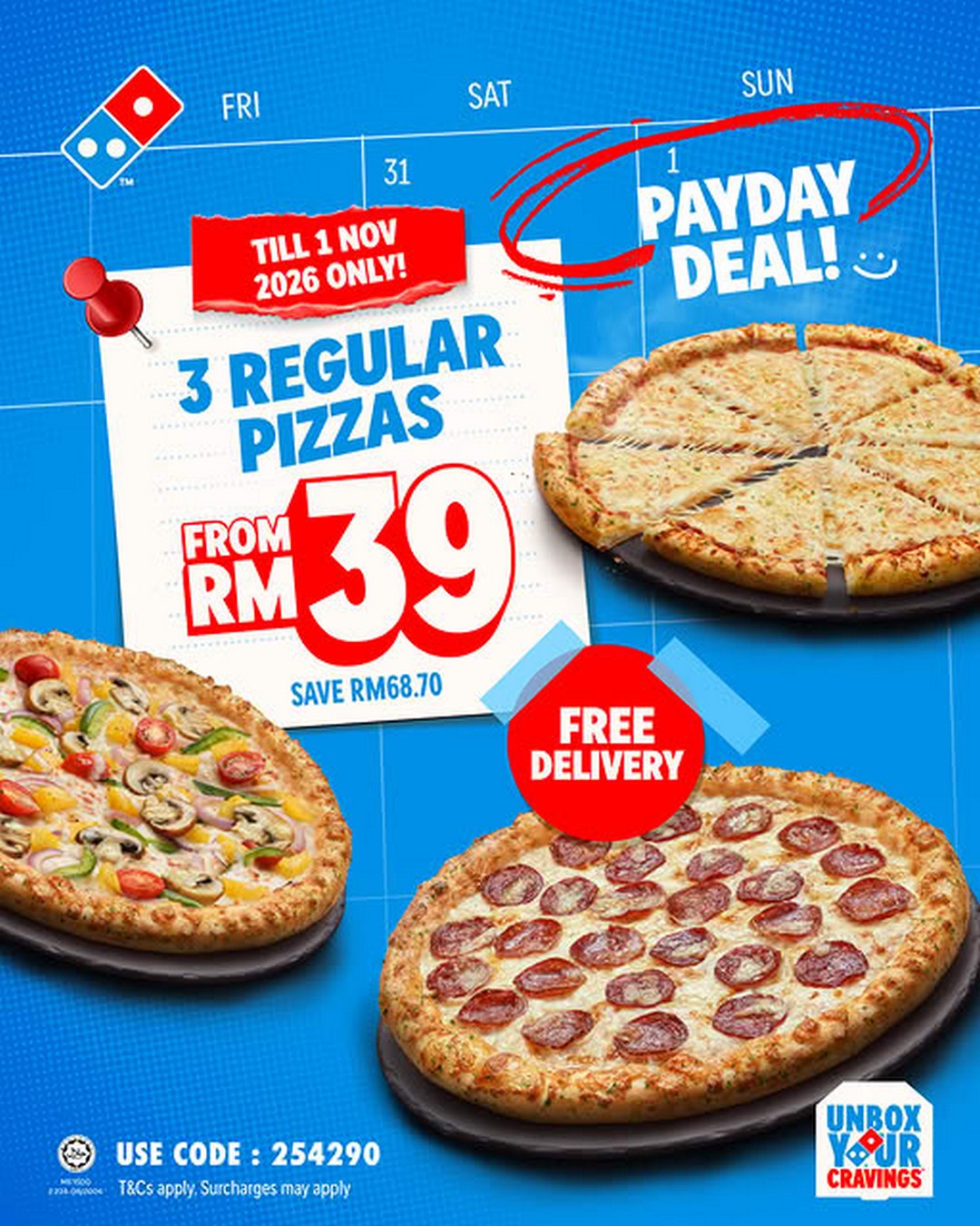 Dominos-Pizza-Malaysia-3-Regular-Pizzas-for-RM39-Promotion Now till 1 November 2026: Domino’s Pizza Malaysia 3 Regular Pizzas for RM39 Promotion with FREE Delivery – Use Code 254290