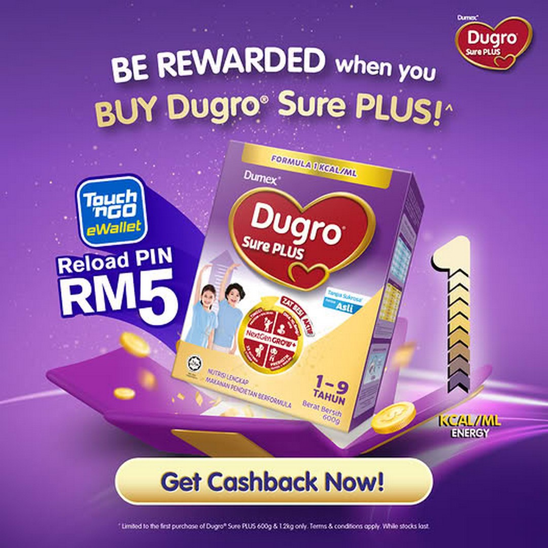 Dumex-Dugro-Dugro-Sure-PLUS-First-Purchase-Promotion 3 October 2026 onwards: Dumex Dugro: Dugro Sure PLUS First Purchase Promotion with RM5 Touch ’n Go eWallet Reload Pin