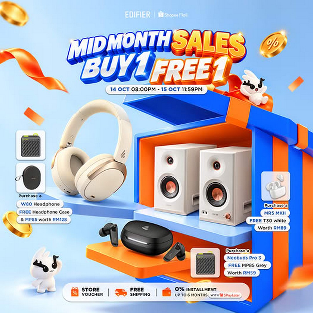 EDIFIER-Mid-Month-Sale-Buy-1-Free-1-Promotion 14-15 October 2026: EDIFIER: Mid-Month Sale Buy 1 Free 1 Promotion with Free Gifts Worth Up to RM128, Free Shipping, Extra Store Vouchers and 0% Instalment at Shopee Mall