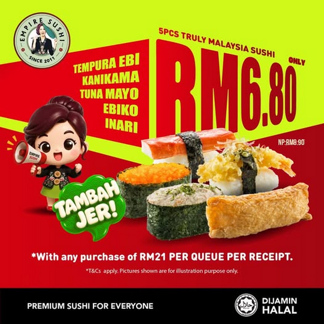 Empire-Sushi-TambahJer-Promotion-–-5-Piece-Sushi-Set 7 October 2026 onwards: Empire Sushi: TambahJer Promotion – 5-Piece Sushi Set for Only RM6.80 at All Empire Sushi Kiosk Outlets