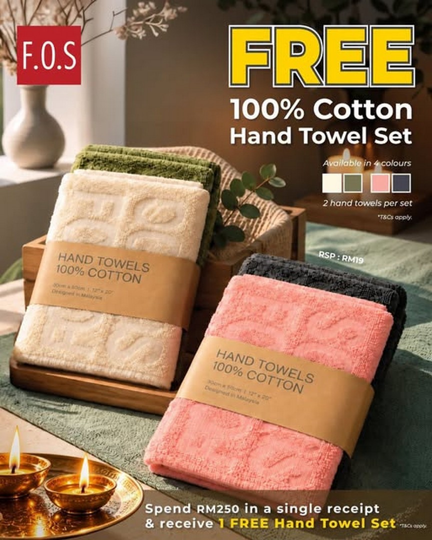 F.O.S-Deepavali-Promotion-–-Spend-RM250-and-Get-a-FREE-100-Cotton 15 October 2026 onwards: F.O.S Deepavali Promotion – Spend RM250 and Get a FREE 100% Cotton Hand Towel Set at JUMPA Sungei Wang