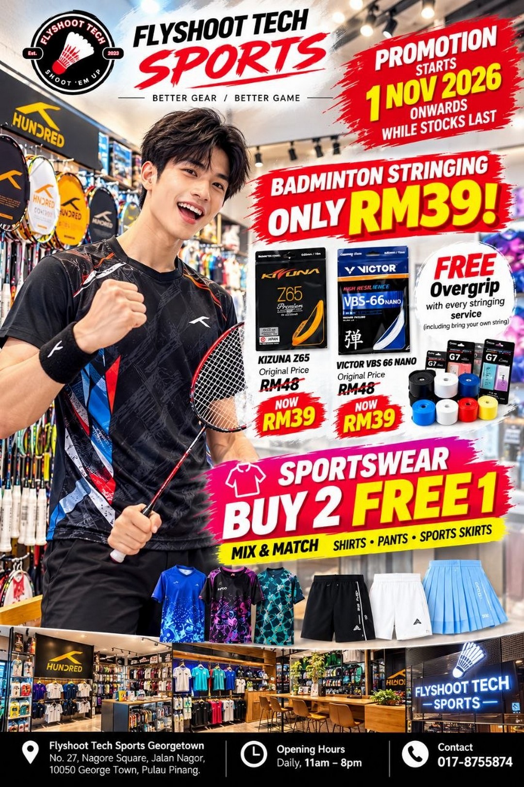 Flyshoot-Tech-Sports-Penang-Badminton-Promotion-1 1 November 2026 Onwards: Flyshoot Tech Sports Penang Badminton Promotion – Stringing from RM39, Free Overgrip & Sportswear Buy 2 Free 1 at Nagore Square, Daily 11am–8pm