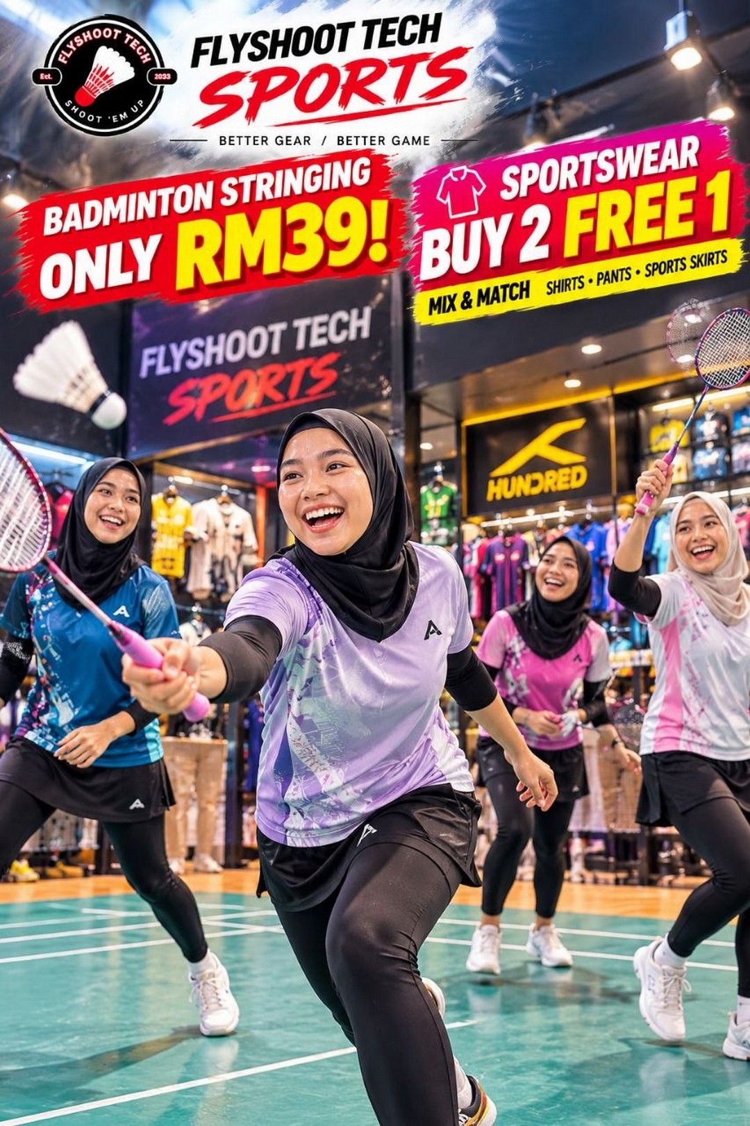 Flyshoot-Tech-Sports-Penang-Badminton-Promotion-2 1 November 2026 Onwards: Flyshoot Tech Sports Penang Badminton Promotion – Stringing from RM39, Free Overgrip & Sportswear Buy 2 Free 1 at Nagore Square, Daily 11am–8pm