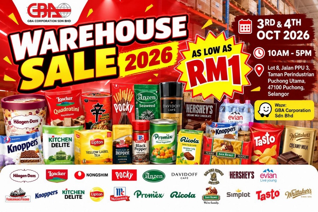 GBA-Corporation-Warehouse-Sale-2026-With-Branded-Snacks 3–4 October 2026: GBA Corporation: Warehouse Sale 2026 With Branded Snacks, Drinks & Food Products From RM1 in Puchong