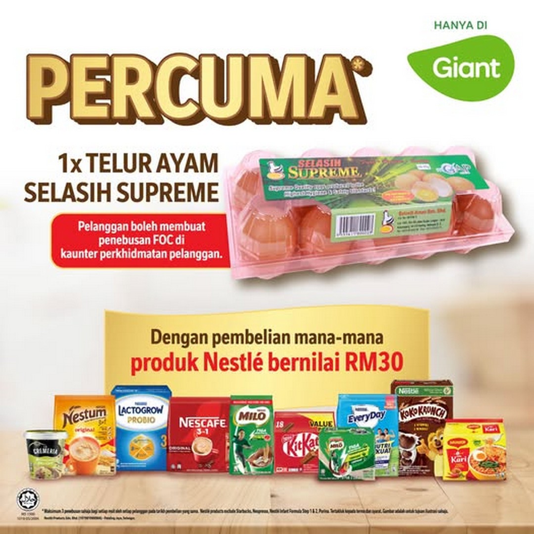 Giant-Malaysia-Get-1-Free-Pack-of-Telur-Ayam-Selasih-Supreme 15-28 October 2026: Giant Malaysia: Get 1 Free Pack of Telur Ayam Selasih Supreme with RM30 Nestlé Purchase – Special Grocery Promotion