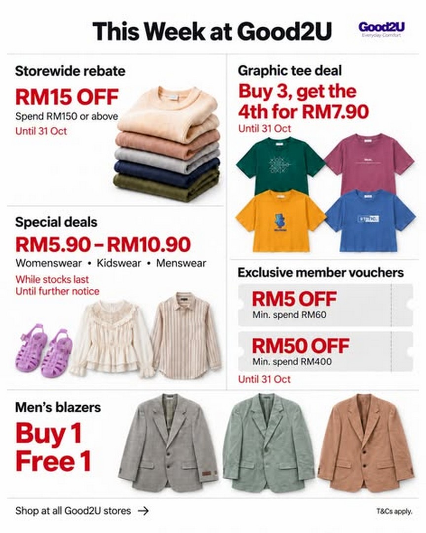 Good2U-Exciting-Fashion-Sale-and-Promotion-with-RM15-Off 16-18 October 2026: Good2U: Exciting Fashion Sale and Promotion with RM15 Off Storewide, Buy 3 Get 1 Graphic Tees for RM7.90, Buy 1 Free 1 Blazers and Fashion Deals from RM5.90