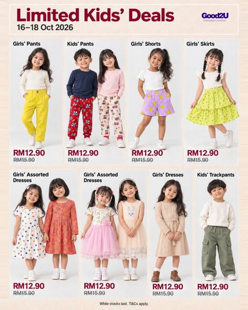 Good2U-Kids-Clothing-Promotion-–-Selected-Pants-Shorts-Skirts-Dresses-1 16-18 October 2026: Good2U: Kids’ Clothing Promotion – Selected Pants, Shorts, Skirts, Dresses and Trackpants for Only RM12.90