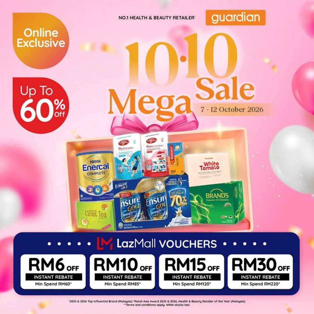 Guardian-10.10-Mega-Sale-with-Up-to-60-OFF 7-12 October 2026: Guardian: 10.10 Mega Sale with Up to 60% OFF + Up to RM30 LazMall Voucher Online