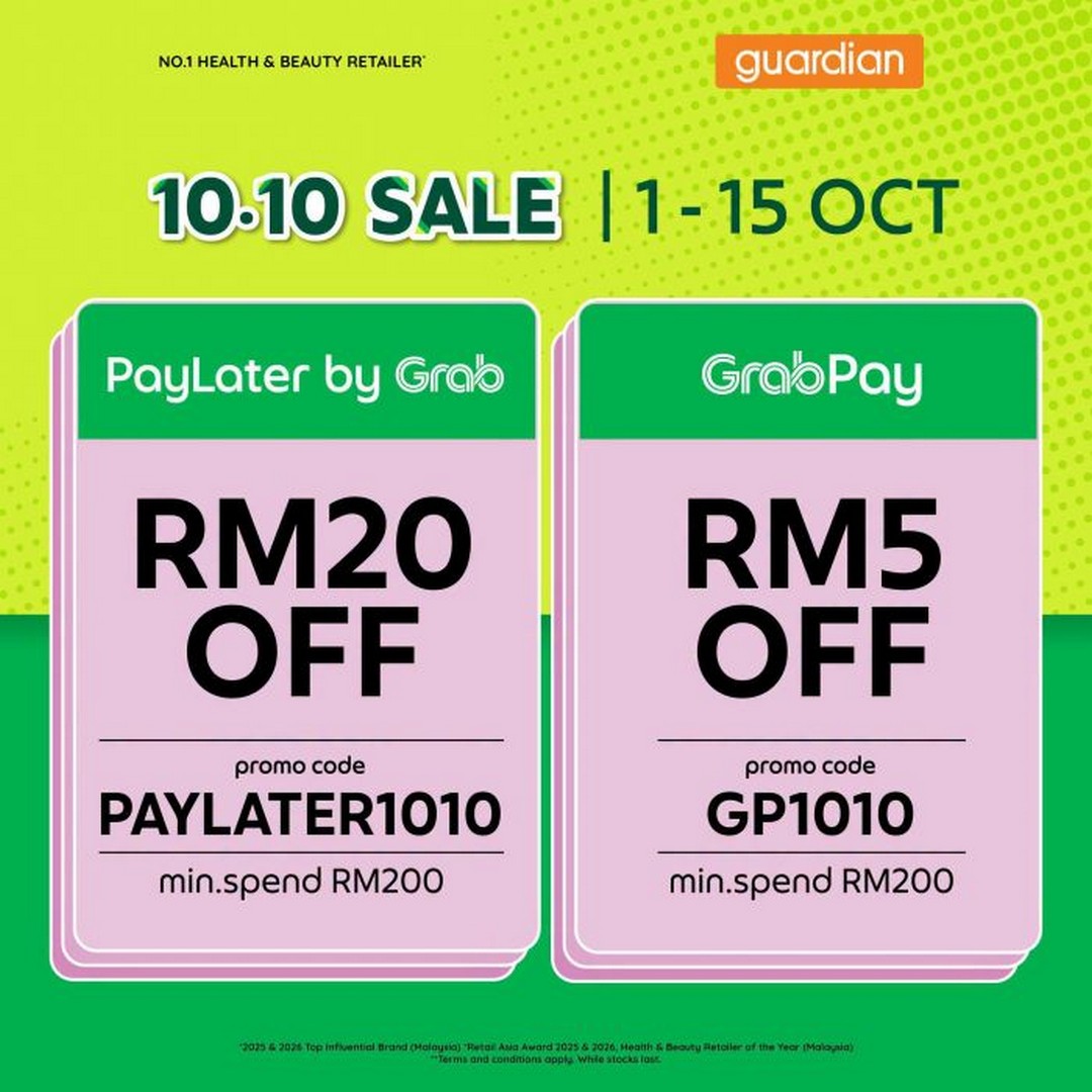 Guardian-10.10-Sale-Promotion-–-Get-RM20-OFF-PayLater-by-Grab 1-15 October 2026: Guardian: 10.10 Sale Promotion – Get RM20 OFF PayLater by Grab or RM5 OFF GrabPay with RM200 Spend