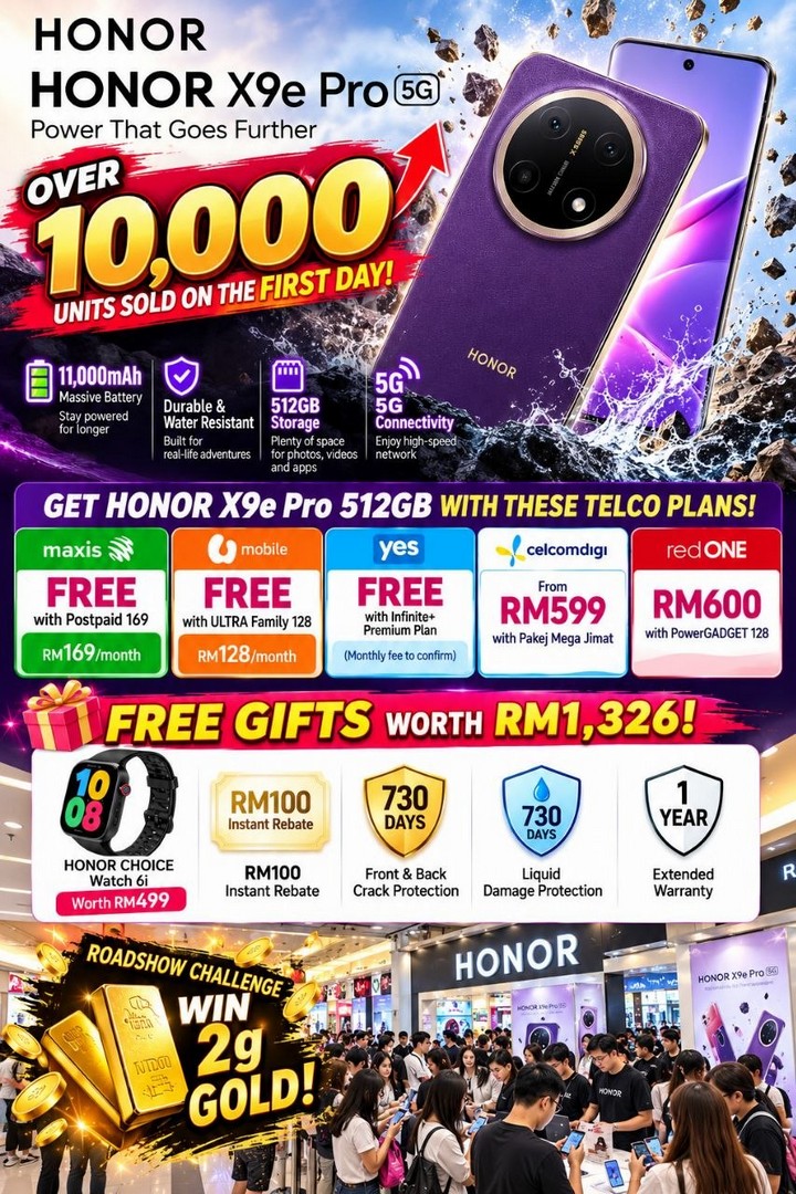 HONOR-HONOR-X9e-Pro-5G-Promotion-–-Get-a-512GB-Smartphone-1 12 October 2026 onwards: HONOR: HONOR X9e Pro 5G Promotion – Get a 512GB Smartphone with Selected Telco Plans, Free Gifts Worth RM1,326 and a Chance to Win 2g of Gold