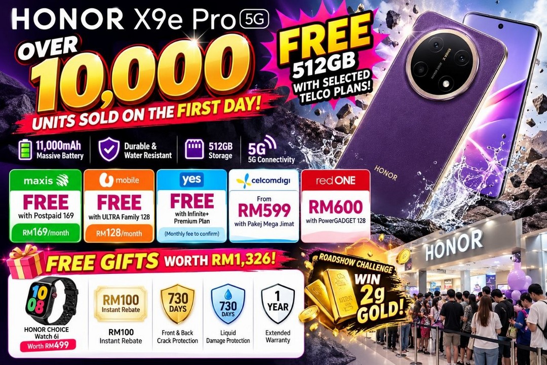 HONOR-HONOR-X9e-Pro-5G-Promotion-–-Get-a-512GB-Smartphone 12 October 2026 onwards: HONOR: HONOR X9e Pro 5G Promotion – Get a 512GB Smartphone with Selected Telco Plans, Free Gifts Worth RM1,326 and a Chance to Win 2g of Gold