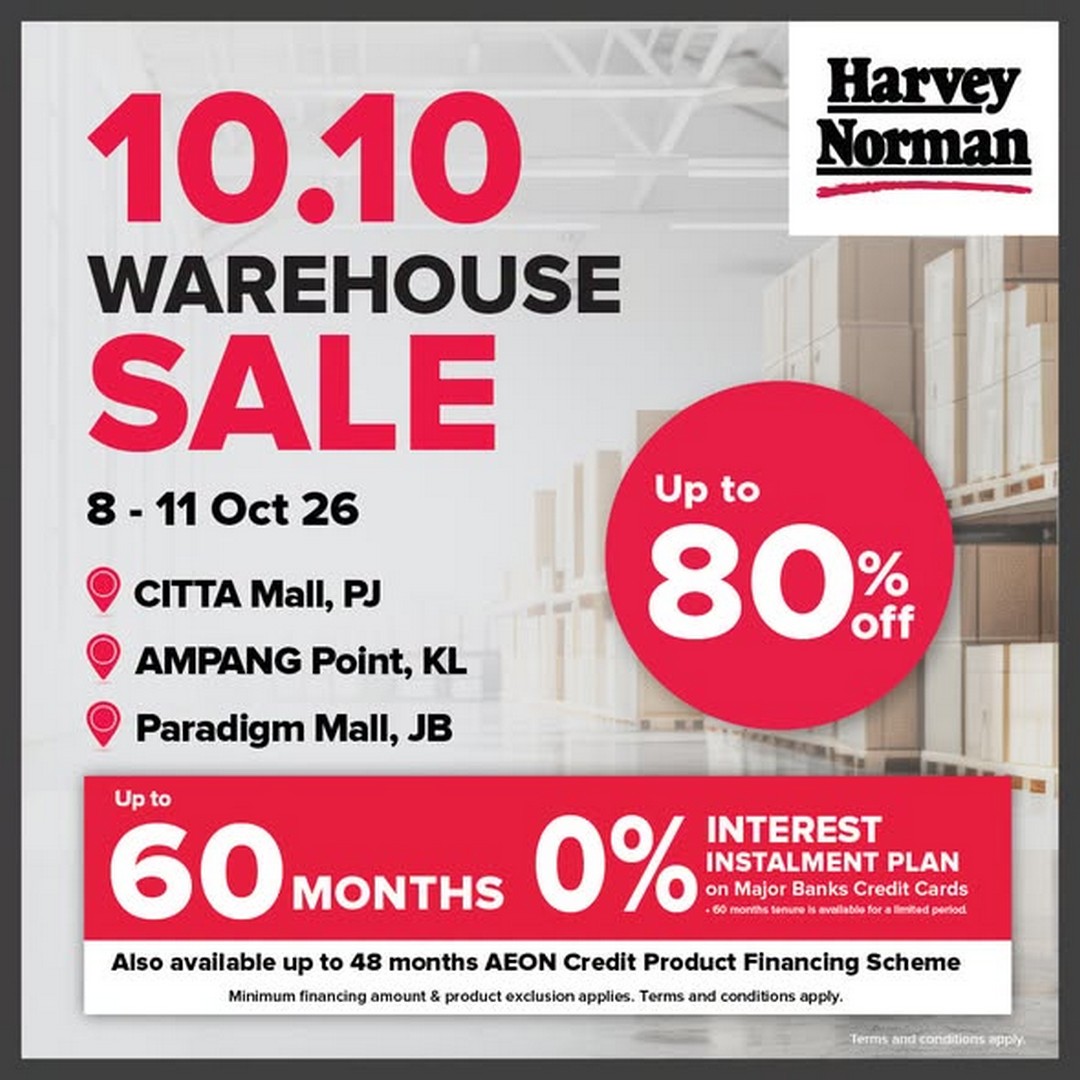 Harvey-Norman-Malaysia-10.10-Warehouse-Sale-–-Up-to-80-Off 8-11 October 2026: Harvey Norman Malaysia: 10.10 Warehouse Sale – Up to 80% Off at Citta Mall, Ampang Point & Paradigm Mall JB