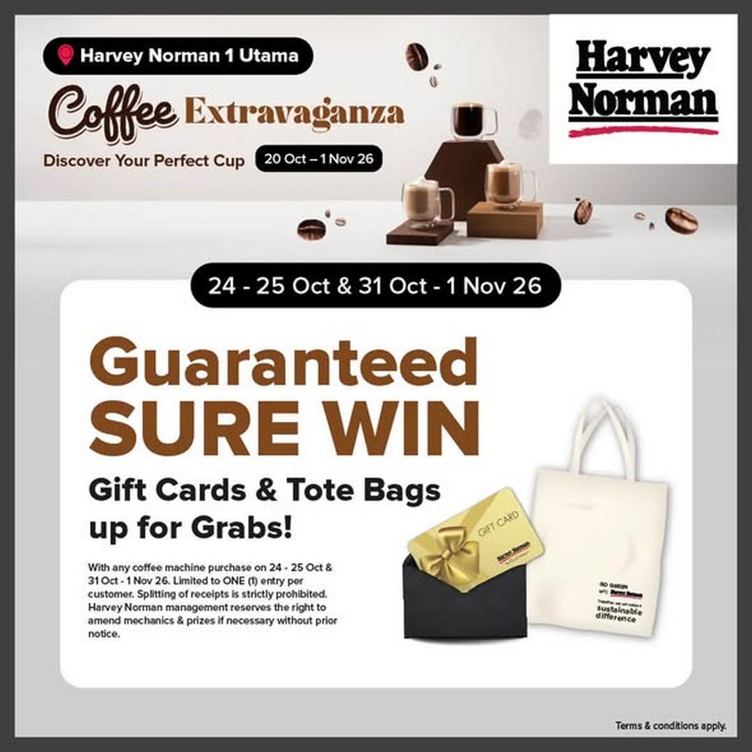 Harvey-Norman-Malaysia-Coffee-Extravaganza-Promotion-1-1 20 October–1 November 2026: Harvey Norman Malaysia Coffee Extravaganza Promotion at 1 Utama Shopping Centre – Free Coffee, 10% Off Coffee Machines, Touch ‘N Go Reload PINs and Free Gifts Worth Up to RM876