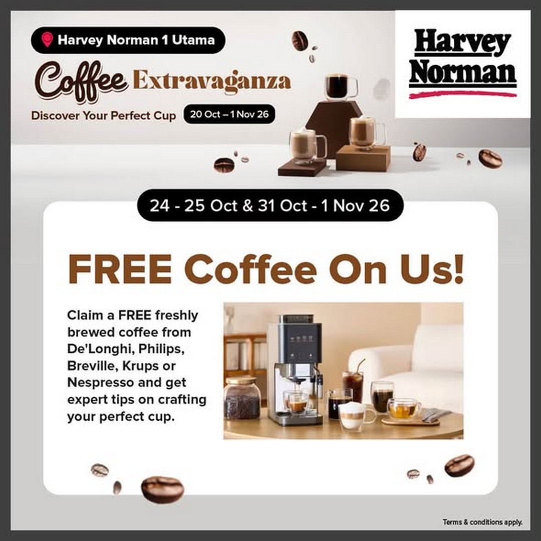 Harvey-Norman-Malaysia-Coffee-Extravaganza-Promotion-2 20 October–1 November 2026: Harvey Norman Malaysia Coffee Extravaganza Promotion at 1 Utama Shopping Centre – Free Coffee, 10% Off Coffee Machines, Touch ‘N Go Reload PINs and Free Gifts Worth Up to RM876