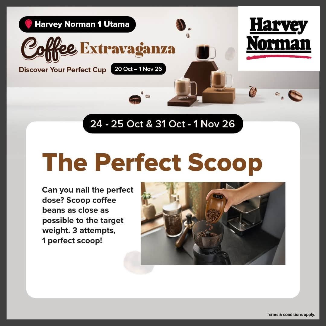 Harvey-Norman-Malaysia-Coffee-Extravaganza-Promotion-4 20 October–1 November 2026: Harvey Norman Malaysia Coffee Extravaganza Promotion at 1 Utama Shopping Centre – Free Coffee, 10% Off Coffee Machines, Touch ‘N Go Reload PINs and Free Gifts Worth Up to RM876