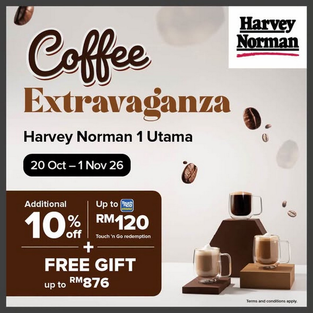 Harvey-Norman-Malaysia-Coffee-Extravaganza-Promotion 20 October–1 November 2026: Harvey Norman Malaysia Coffee Extravaganza Promotion at 1 Utama Shopping Centre – Free Coffee, 10% Off Coffee Machines, Touch ‘N Go Reload PINs and Free Gifts Worth Up to RM876