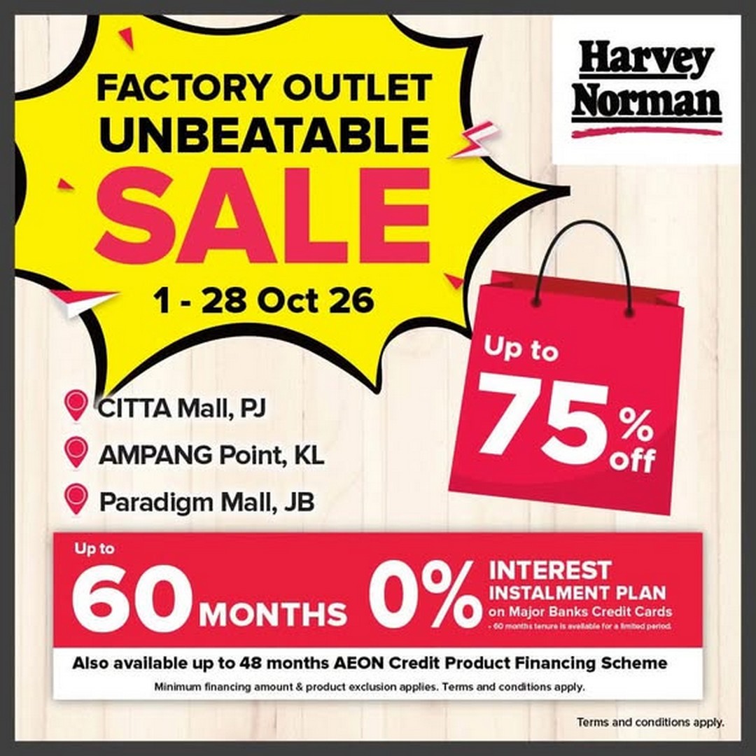 Harvey-Norman-Malaysia-Factory-Outlet-Sale-with-Up-to-75-Off 1-28 October 2026: Harvey Norman Malaysia: Factory Outlet Sale with Up to 75% Off at Citta Mall PJ, Ampang Point KL & Paradigm Mall JB
