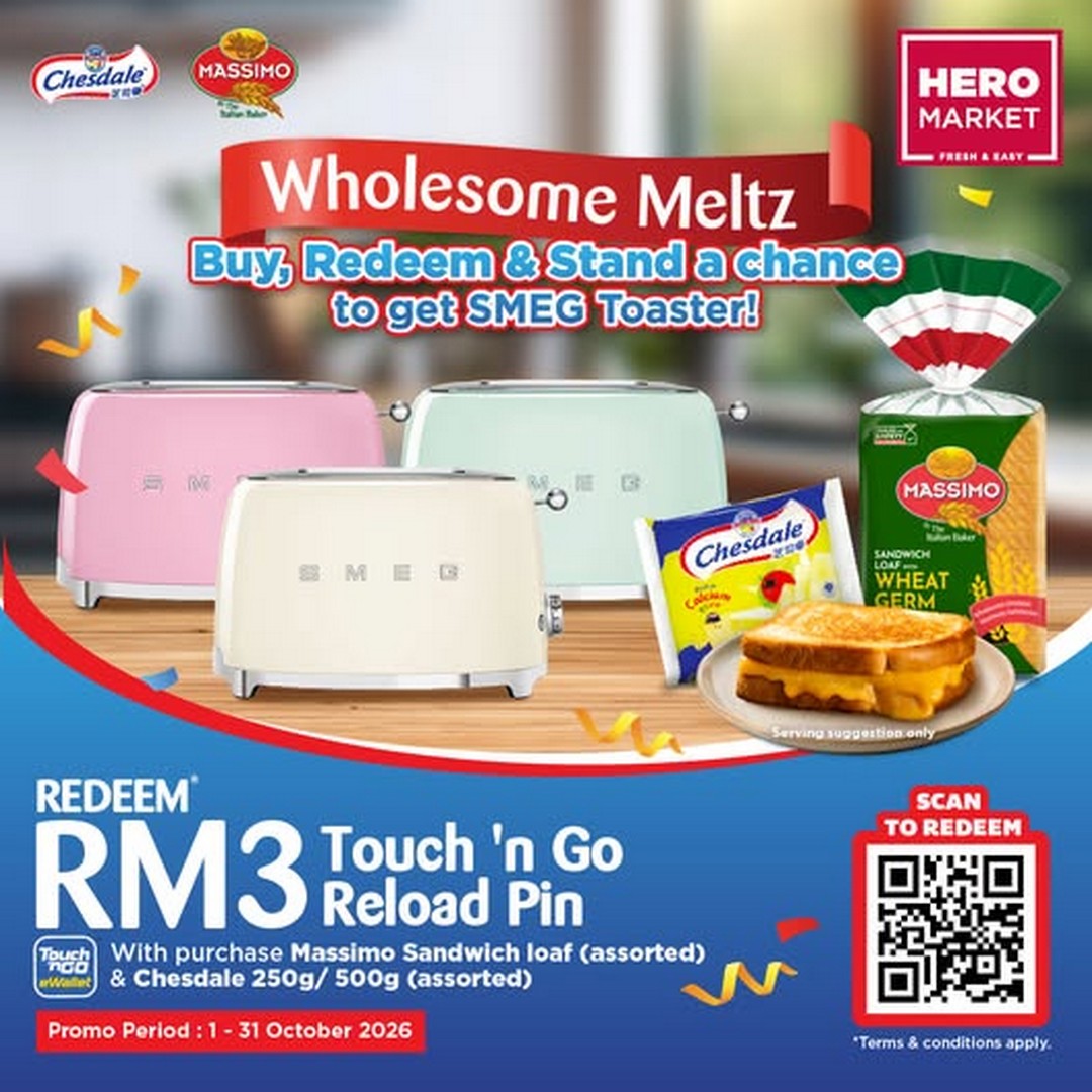 HeroMarket-Massimo-Sandwich-Loaf-Chesdale-Promotion 1-31 October 2026: HeroMarket: Massimo Sandwich Loaf & Chesdale Promotion with RM3 Touch ’n Go Reward and SMEG Toaster Giveaway