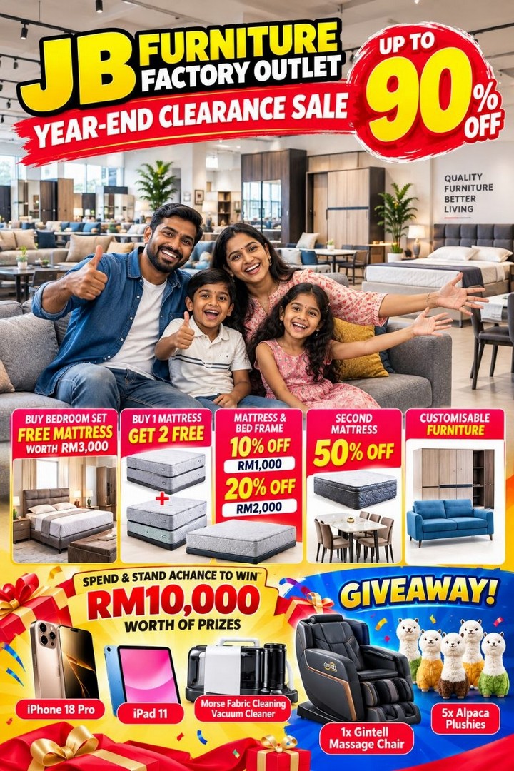 JB-Furniture-Factory-Outlet-Year-End-Clearance-Sale-1 29 October–31 December 2026: JB Furniture Factory Outlet Year-End Clearance Sale 2026, Up to 90% OFF Furniture, Mattress Deals and RM10,000 Lucky Draw Prizes in Johor Bahru
