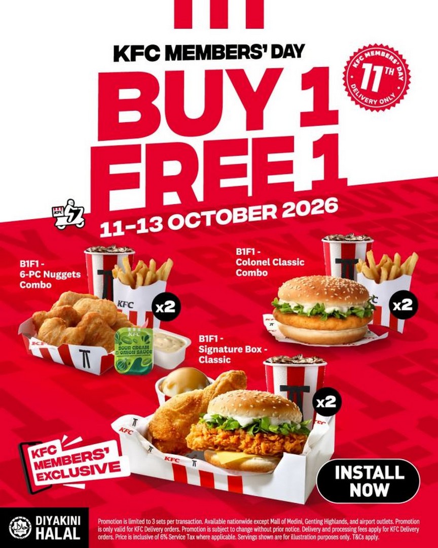 KFC-Buy-1-Free-1-Members-Day-Promotion 11-13 October 2026: KFC: Buy 1 Free 1 Members' Day Promotion from RM16.49, KFC App Delivery 10am-10pm