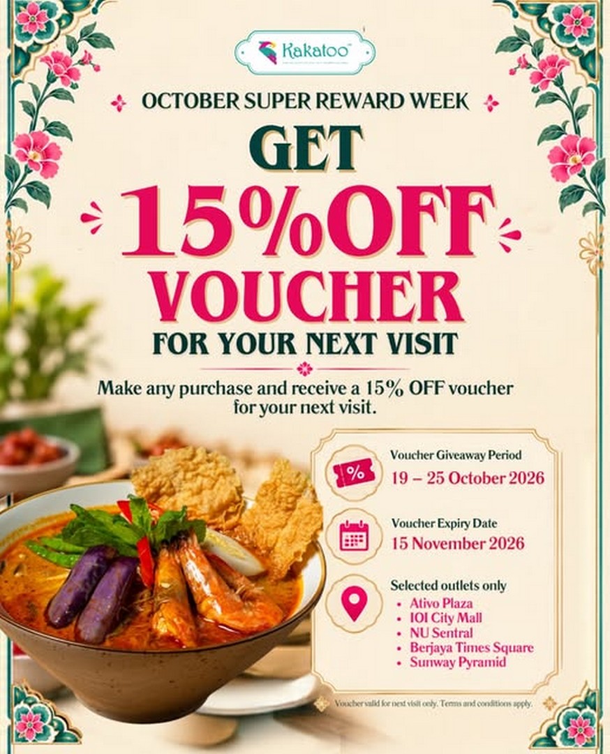 Kakatoo-Malaysia-October-Super-Reward-Week-Promotion 19–25 October 2026: Kakatoo Malaysia October Super Reward Week Promotion – Get a 15% OFF Voucher with Any Purchase at Selected Outlets