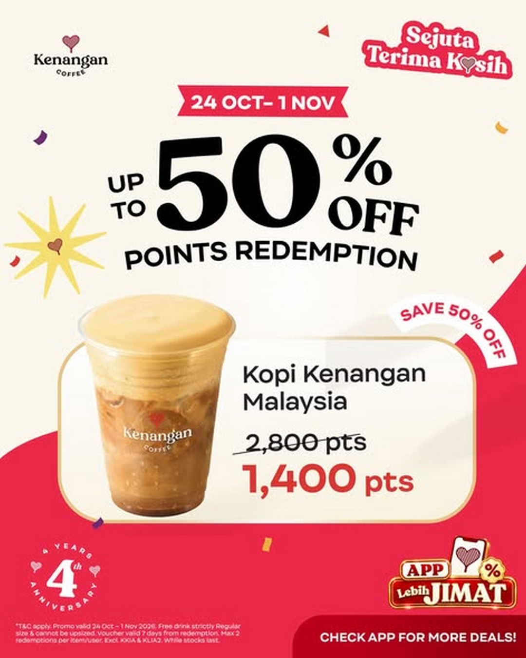 Kenangan-Coffee-Malaysia-4th-Anniversary-Promotion-1 24 October–1 November 2026: Kenangan Coffee Malaysia 4th Anniversary Promotion – Earn Up to 50% Bonus Points and Redeem Favourite Drinks at 50% Off via App