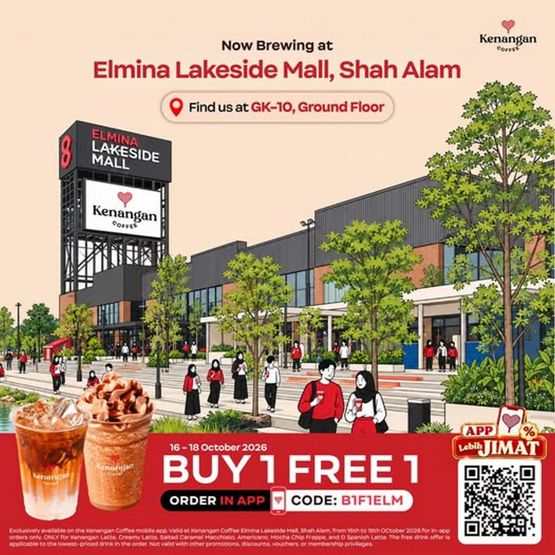 Kenangan-Coffee-Malaysia-Buy-1-Free-1-Coffee-Promotion-at-Elmina-Lakeside-Mall 16-18 October 2026: Kenangan Coffee Malaysia: Buy 1 Free 1 Coffee Promotion at Elmina Lakeside Mall, Shah Alam – Enjoy Your Favourite Drinks with Voucher Code B1F1ELM via the Mobile App