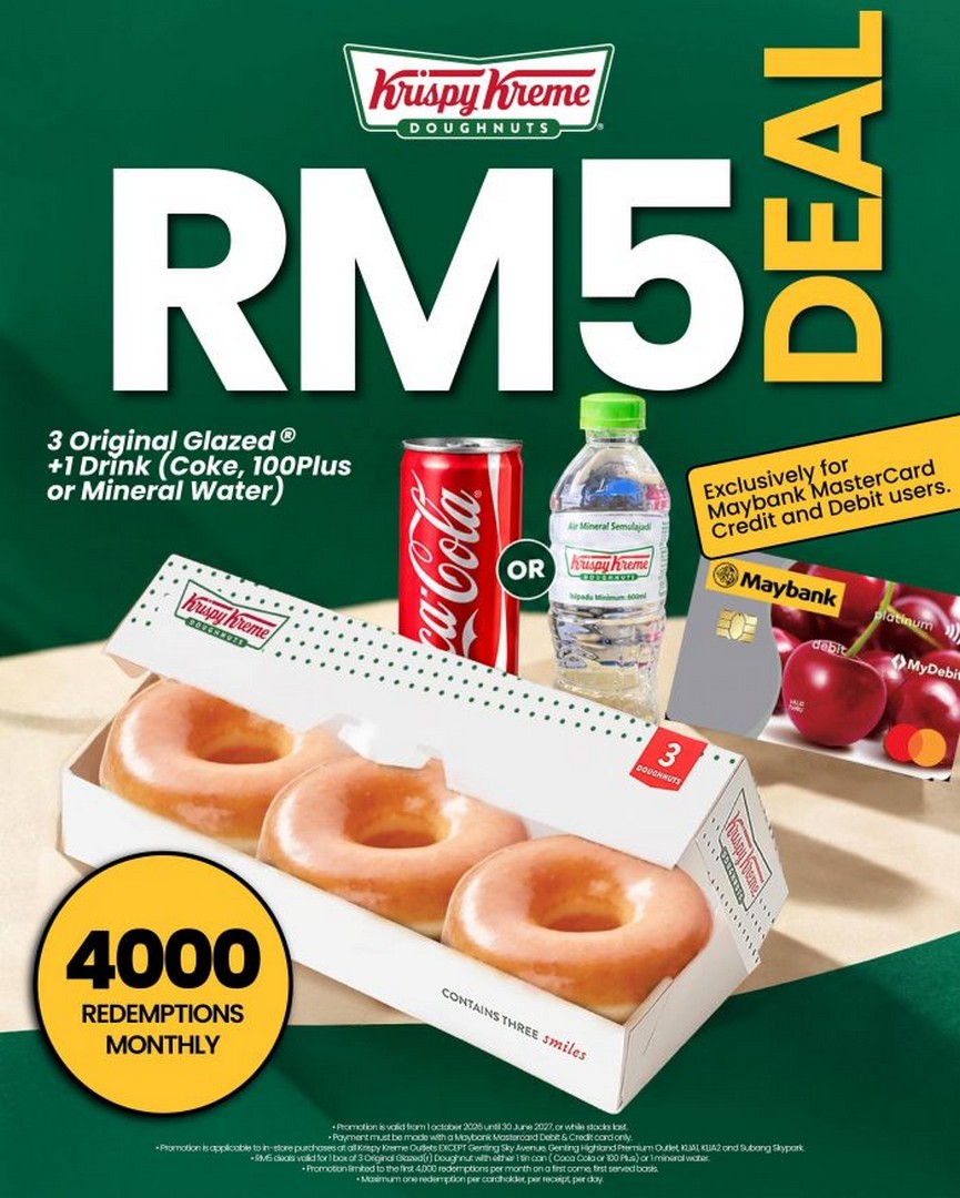 Krispy-Kreme-Malaysia-RM5-Maybank-Mastercard-Promotion 1 October 2026-30 June 2027: Krispy Kreme Malaysia: RM5 Maybank Mastercard Promotion – Get 3 Original Glazed Doughnuts and 1 Drink