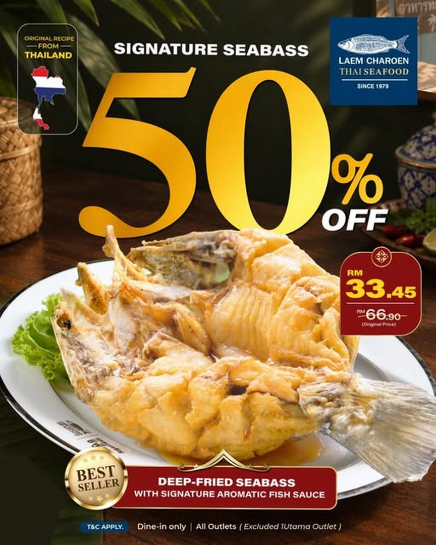 Laem-Charoen-Thai-Seafood-50-OFF-Signature-Deep-Fried 19 October–20 December 2026: Laem Charoen Thai Seafood 50% OFF Signature Deep-Fried Seabass Promotion at Queensbay Mall, IOI City Mall and IOI Mall Damansara – RM33.45 Thai Seafood Deal