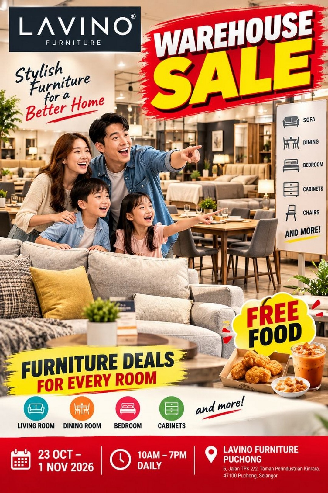 Lavino-Furniture-Warehouse-Sale-in-Puchong-Selangor-1 23 October–1 November 2026: Lavino Furniture Warehouse Sale in Puchong, Selangor – Furniture Deals, Showroom Shopping and Free Food Promotion from 10am to 7pm Daily